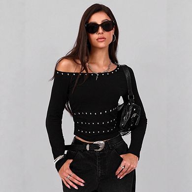 Women's Y2k Punk Studded Off Shoulder Long Sleeve Solid Shirts