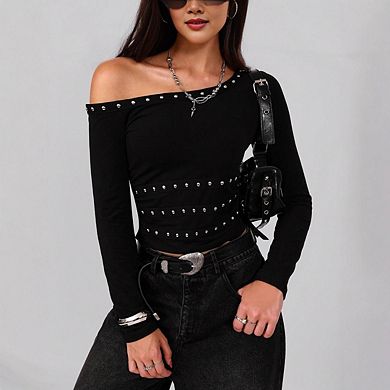 Women's Y2k Punk Studded Off Shoulder Long Sleeve Solid Shirts