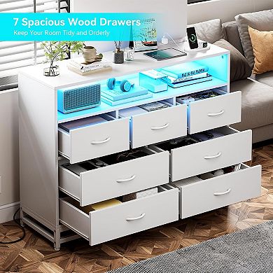 7-drawer storage chest features a built-in charging hub, LED lights, and wide design.