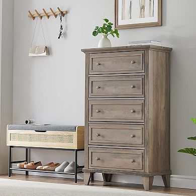 Modern 5-drawer chest with metal handles for versatile room storage.