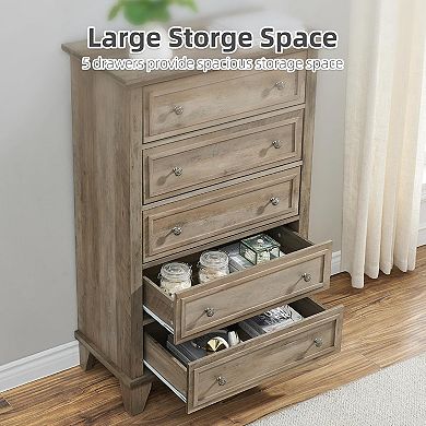 Modern 5-drawer chest with metal handles for versatile room storage.