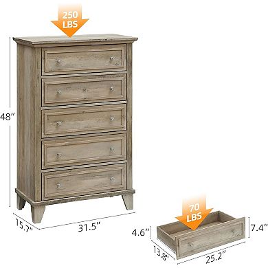 Modern 5-drawer chest with metal handles for versatile room storage.