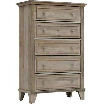 Modern 5-drawer chest with metal handles for versatile room storage.