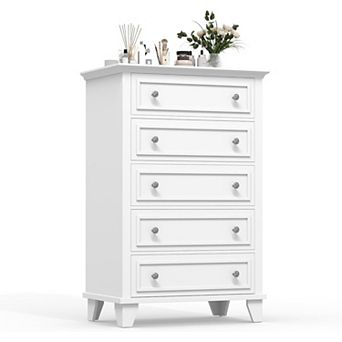 Modern 5-drawer chest with metal handles for versatile room storage.