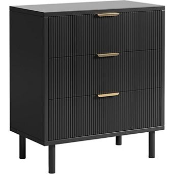 Fluted 3-Drawer Wood Chest with Metal Legs & Anti-Tip Device for Bedroom or Living Room.
