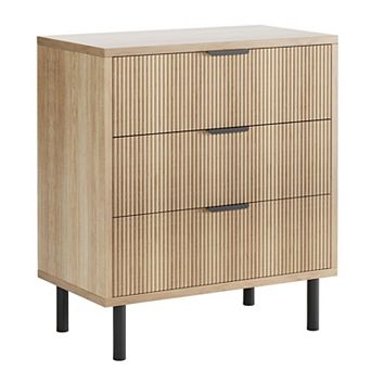 Fluted 3-Drawer Wood Chest with Metal Legs & Anti-Tip Device for Bedroom or Living Room.