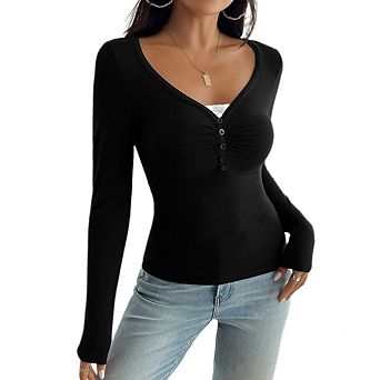Women Long Sleeve Henley Shirts V Neck Front Ruched Tops Flattering Low Cut Fitted T-Shirt