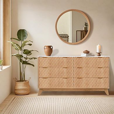 Wide 6-Drawer Farmhouse Chest with Marble Top. Versatile Oak Storage Organizer.