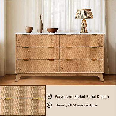 Wide 6-Drawer Farmhouse Chest with Marble Top. Versatile Oak Storage Organizer.