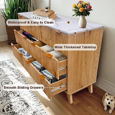 Wide 6-Drawer Farmhouse Chest with Marble Top. Versatile Oak Storage Organizer.