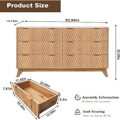 Wide 6-Drawer Farmhouse Chest with Marble Top. Versatile Oak Storage Organizer.