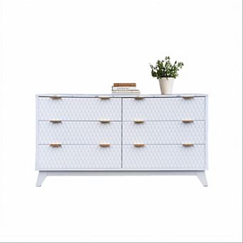 Wide 6-Drawer Farmhouse Chest with Marble Top. Versatile Oak Storage Organizer.