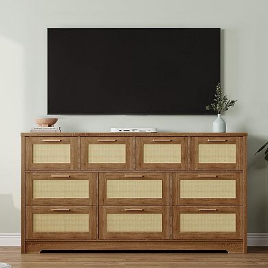 59" Wide 10-Drawer Dresser with Rattan Front. A Modern Wood TV Stand & Storage for Multiple Rooms.