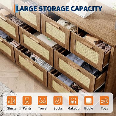 59" Wide 10-Drawer Dresser with Rattan Front. A Modern Wood TV Stand & Storage for Multiple Rooms.