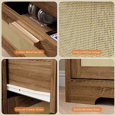 59" Wide 10-Drawer Dresser with Rattan Front. A Modern Wood TV Stand & Storage for Multiple Rooms.