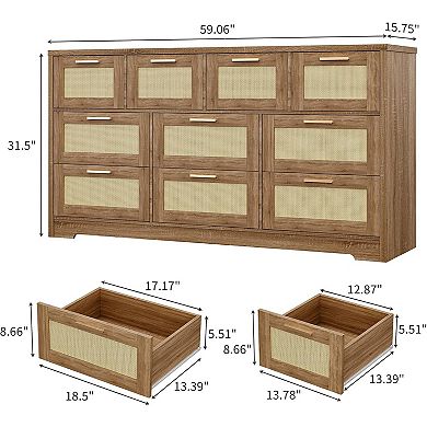 59" Wide 10-Drawer Dresser with Rattan Front. A Modern Wood TV Stand & Storage for Multiple Rooms.