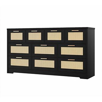 59" Wide 10-Drawer Dresser with Rattan Front. A Modern Wood TV Stand & Storage for Multiple Rooms.