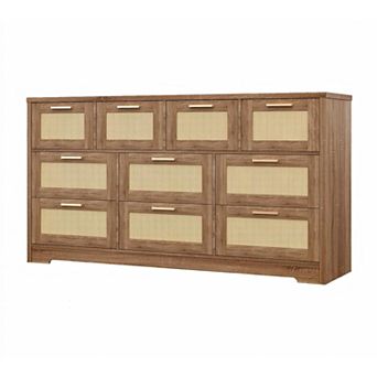 59" Wide 10-Drawer Dresser with Rattan Front. A Modern Wood TV Stand & Storage for Multiple Rooms.