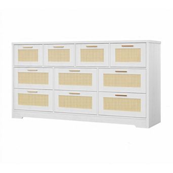59" Wide 10-Drawer Dresser with Rattan Front. A Modern Wood TV Stand & Storage for Multiple Rooms.