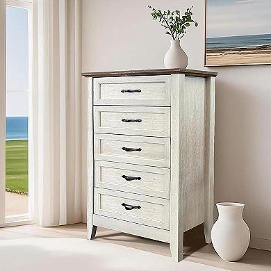 Tall 5-Drawer Farmhouse Chest with Metal Handles. Solid Wood Storage for Multi-Room Use.