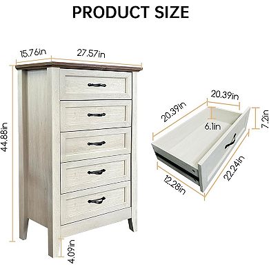 Tall 5-Drawer Farmhouse Chest with Metal Handles. Solid Wood Storage for Multi-Room Use.