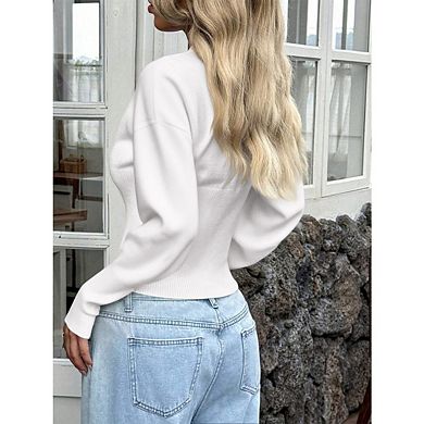 Women's Button Up Cropped Cardigan Sweaters Cute Long Sleeve V Neck Cable Knit Lightweight Cardigan