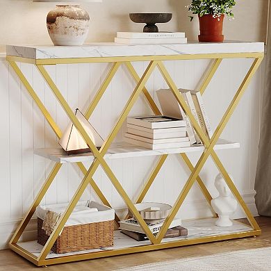 3-Tier Entryway Table, Farmhouse Console Table with Open Shelves, X-Shaped Metal Frame, Foyer Table