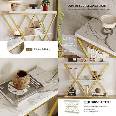 3-Tier Entryway Table, Farmhouse Console Table with Open Shelves, X-Shaped Metal Frame, Foyer Table
