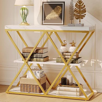 3-Tier Entryway Table, Farmhouse Console Table with Open Shelves, X-Shaped Metal Frame, Foyer Table