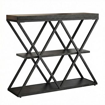 3 tier Entryway Table, Farmhouse Console Table with Open Shelves, X-Shaped Metal Frame, Foyer Table
