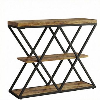 3 tier Entryway Table, Farmhouse Console Table with Open Shelves, X-Shaped Metal Frame, Foyer Table