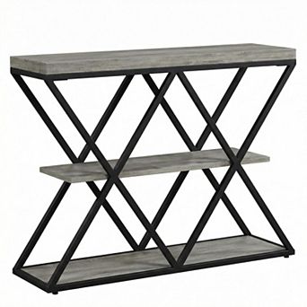 3 tier Entryway Table, Farmhouse Console Table with Open Shelves, X-Shaped Metal Frame, Foyer Table