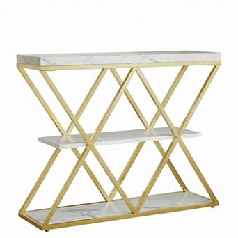 3 tier Entryway Table, Farmhouse Console Table with Open Shelves, X-Shaped Metal Frame, Foyer Table