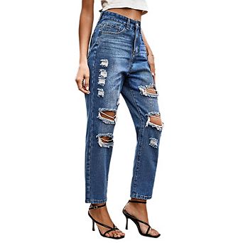 Women Ripped Jeans Straight Leg Distressed Denim Pants