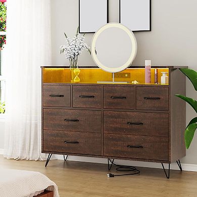 Modern 8-Drawer Dresser with Charging Station (3 Outlets + 2 USB) & APP-Controlled RGB Lights.