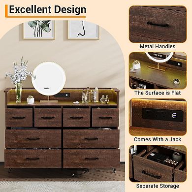 Modern 8-Drawer Dresser with Charging Station (3 Outlets + 2 USB) & APP-Controlled RGB Lights.