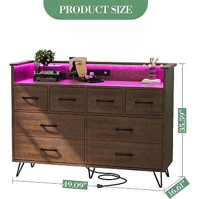Modern 8-Drawer Dresser with Charging Station (3 Outlets + 2 USB) & APP-Controlled RGB Lights.