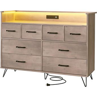 Modern 8-Drawer Dresser with Charging Station (3 Outlets + 2 USB) & APP-Controlled RGB Lights.