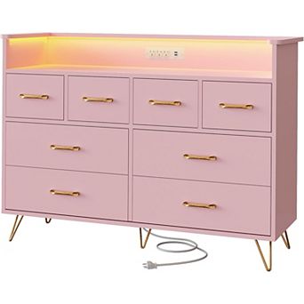 Modern 8-Drawer Dresser with Charging Station (3 Outlets + 2 USB) & APP-Controlled RGB Lights.
