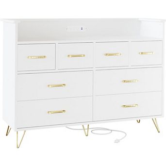 Modern 8-Drawer Dresser with Charging Station (3 Outlets + 2 USB) & APP-Controlled RGB Lights.