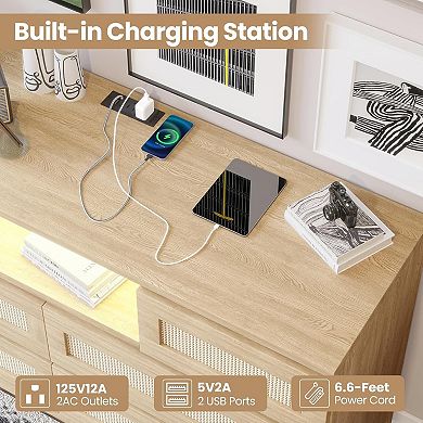 6-drawer rattan dresser features LED light, charging station & TV stand function.