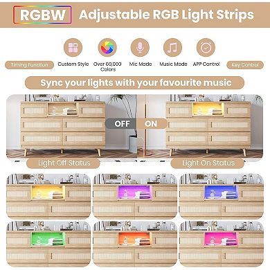 6-drawer rattan dresser features LED light, charging station & TV stand function.
