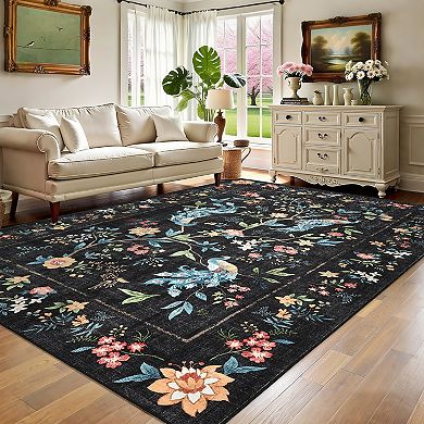 Floral Peacock Print Modern Farmhouse Washable Rug