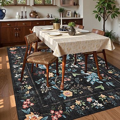 Floral Peacock Print Modern Farmhouse Washable Rug