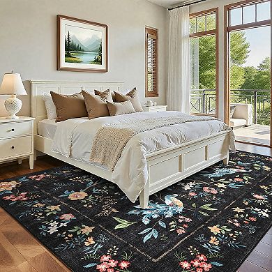 Floral Peacock Print Modern Farmhouse Washable Rug