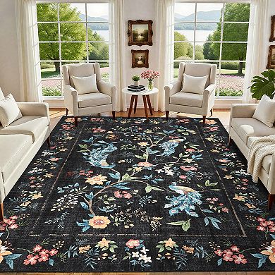Floral Peacock Print Modern Farmhouse Washable Rug