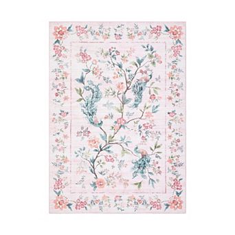 Floral Peacock Print Modern Farmhouse Washable Rug