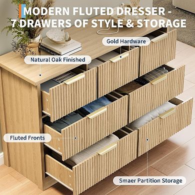 Fluted 7-Drawer Wood Dresser (47.24") with Metal Handle. Multi-Functional TV Stand & Organizer.