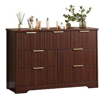 Fluted 7-Drawer Wood Dresser (47.24") with Metal Handle. Multi-Functional TV Stand & Organizer.