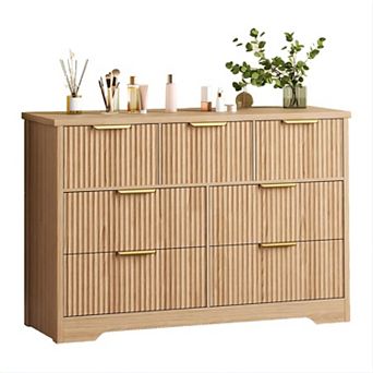 Fluted 7-Drawer Wood Dresser (47.24") with Metal Handle. Multi-Functional TV Stand & Organizer.